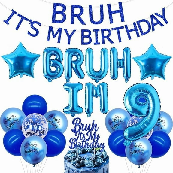 Bruh It's My 9th Birthday Decorations Blue Glitter Bruh It's My Birthday Banner Cake Topper Star Bruh I'm 9 Foil Balloon Banner for Funny Bday Party Supplies