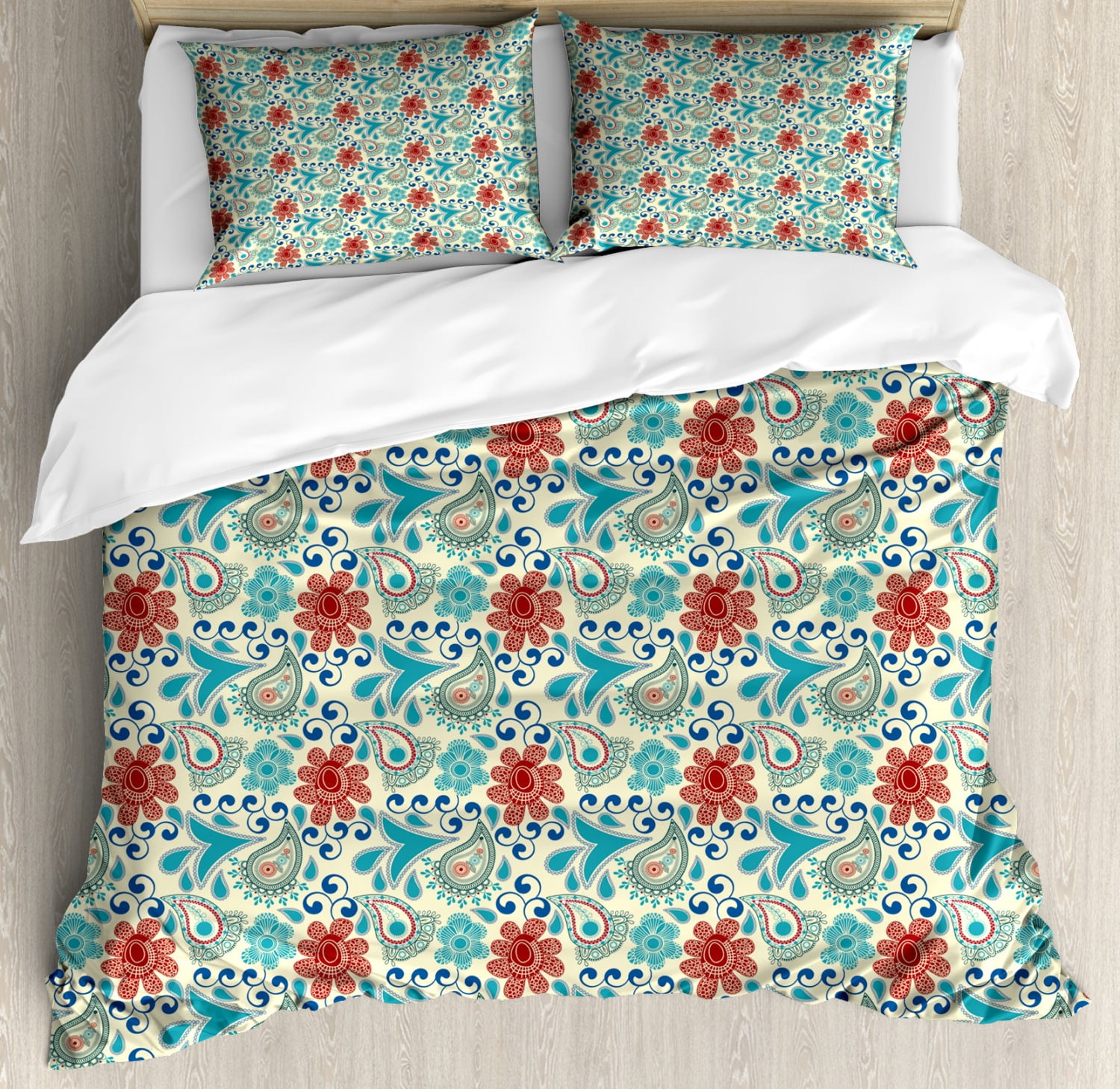 Blue Paisley Duvet Cover Set, Vintage Style Flowers Folkloric Effect