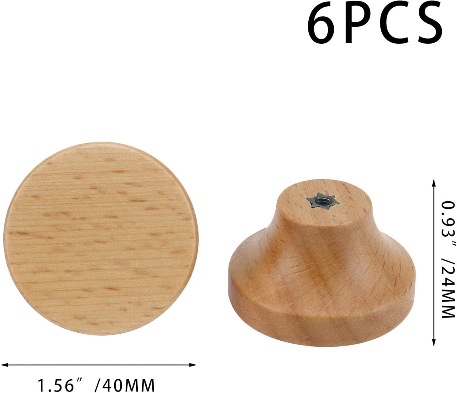ABCISI 6PCS Round Wooden Single Hole Drawer Handles with 6 Screws, 1.56" Cabinet Knobs 1 Hole Hardware Handles Decorative Furniture Knobs for Dresser Wardrobes (Beech)