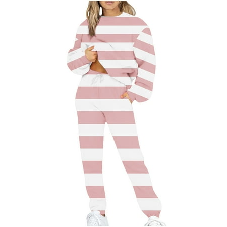 DeHolifer Sweatsuits for Women 2 Piece Set Crewneck Pullover Strip Print Tops And Pants Jogging Outfits Lounge Tracksuit Set Pink S