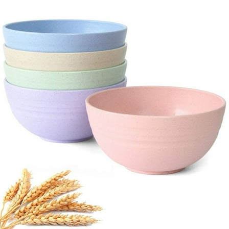 Cereal Bowls Set of 5, Boriyuan 24oz Small Reusable Wheat Straw Bowl, Kitchen Bowls for Dessert Bowls for Serving Soup, Oatmeal, Pasta and Salad (5 Colors)