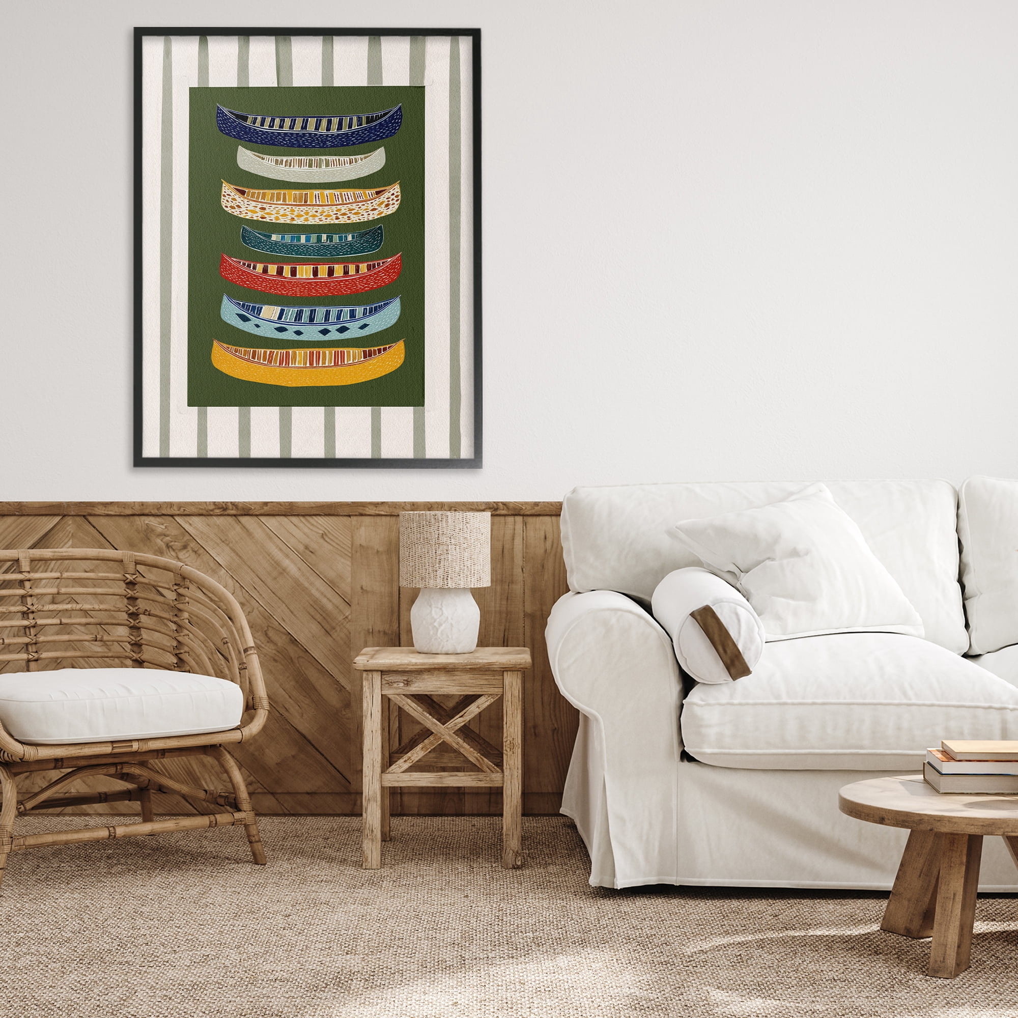 Stupell Industries Patterned Canoes over Stripes Black Framed Giclee Art, design by Yen
