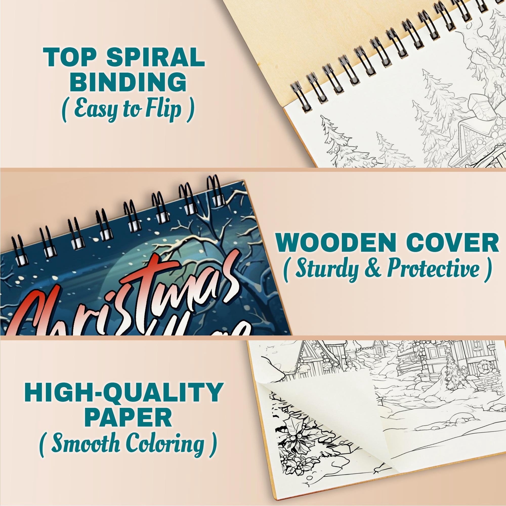 Netecom Christmas Village Coloring Book Spiral Bound For Adults, A5 Wooden Cover, 30 Beautiful Coloring Pages of Snow-Covered Cottages for Stress Relief and Relaxation