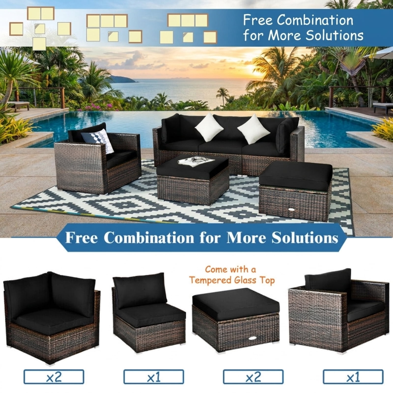 Furnibear 6 Piece Patio Furniture Set Outdoor Sectional Sofa PE Wicker Conversation Set with Glass Table and Cushions for Backyard, Black