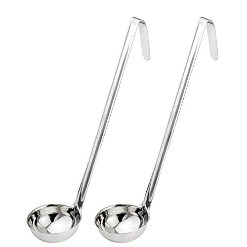 Fit Meal Prep Stainless Steel Soup Ladle - One-Piece Sauce Spatula with Hook Handles, Commercial Grade Serving Spoon, Kitchen Tool for Restaurant or Home Cooking, 13.75” Long - [Pack of 2] 4 Oz