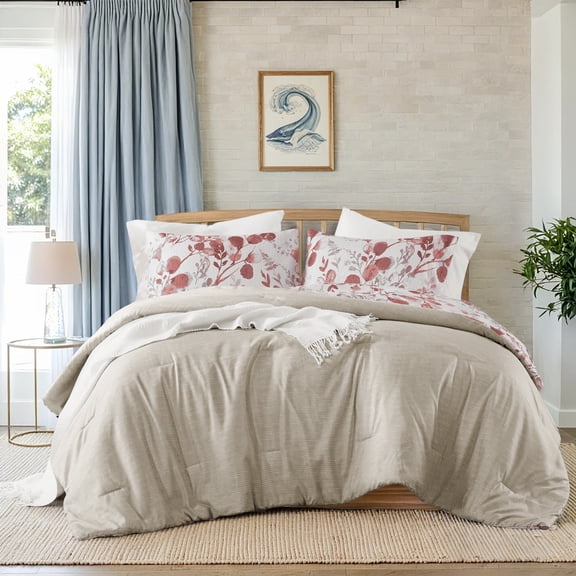 3-Piece King/Cal King Reversible Floral Botanical Seersucker Comforter Set,Pink