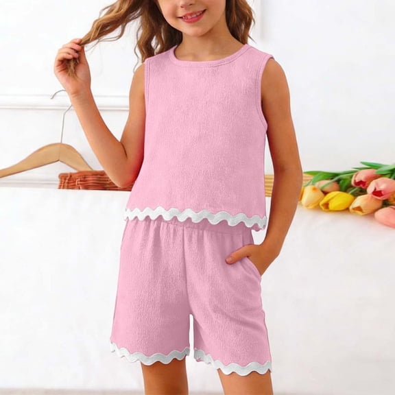 LJEFF Girls 2PC Sleeveless Set with Pocket, Pleated Elastic Waist Crew Neck Scalloped Trim Summer Tank Top and Shorts Set Pink Size 6