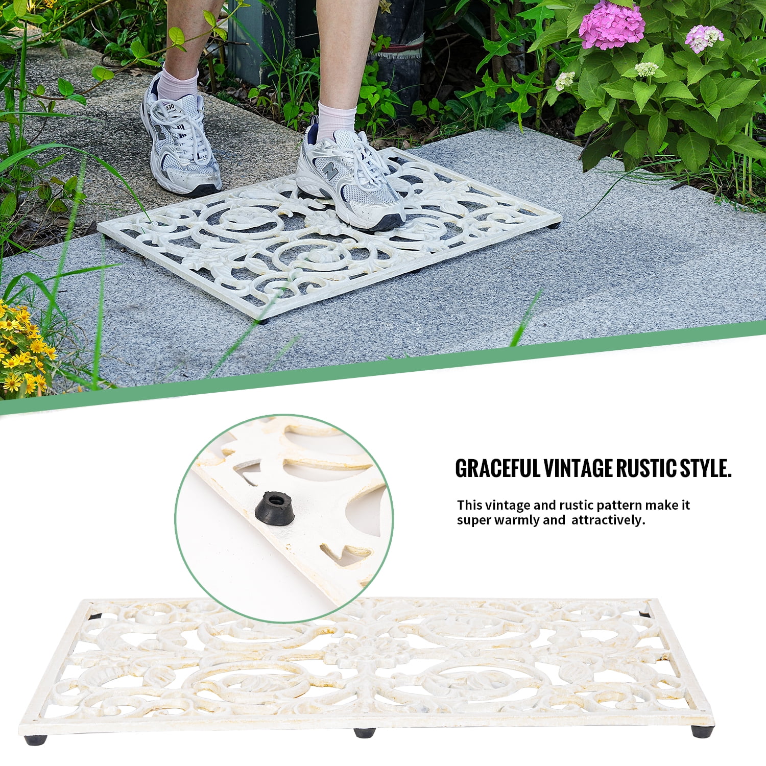 Sungmor Decorative Cast Iron Doormat, Heavy Duty Outdoor Entry Mat with Vintage Scroll Design, Weatherproof Non-Slip Metal Welcome Mat for Front Porch, Patio, Garden Entrance, Antique White Finish