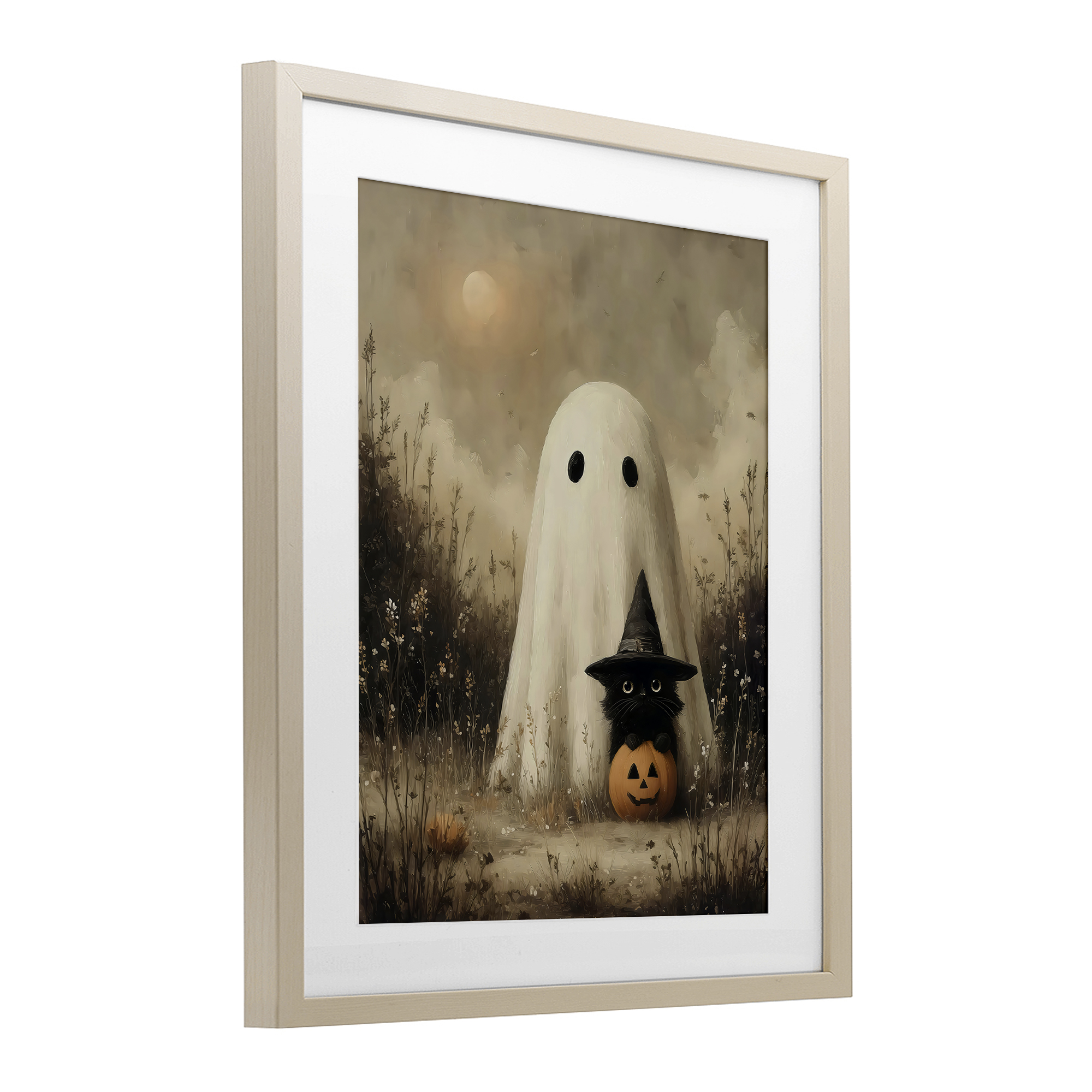 Ghost with Black Kitten Birch Framed Print Under Glass, design by Arlington Prints