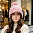 thumbnail image 4 of Fleece Beanie Hats with Earflaps Visor Brim Winter Knit Ski Cap Winter Hats for Women Pom Pom Ball Pink One Size, 4 of 5