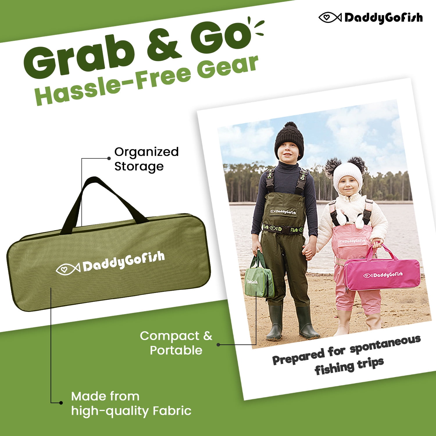 DaddyGoFish Kids Fishing Pole - Rod Reel Combo Tackle Box Starter Set - First Year Small Gear Kit for Boys Girls Toddler Youth Age Beginner Little Children (Essential Set, Green, 5ft)