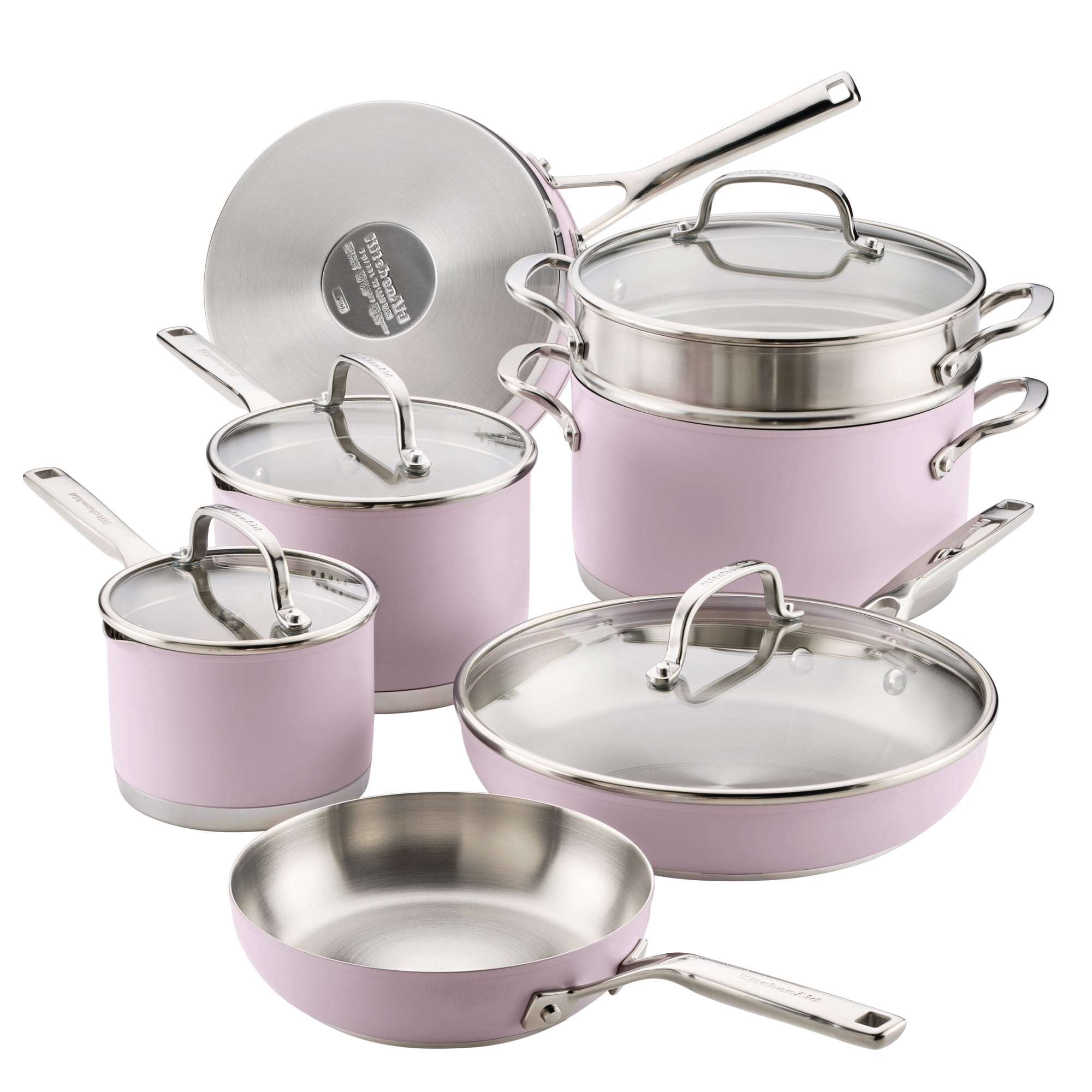 KitchenAid 11pc Color-Finished Stainless Steel 3-Ply Base Cookware Set Dishwasher and Metal Utensil Safe, Induction Suitable and Oven Safe to 500°F, Wildflower