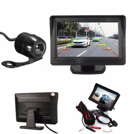 Backup Rear View Car Camera Monitor Screen & Alarm Parking Sensors System Reverse Safety Distance Scale Lines, Waterproof Night Vision Angle, 4.3