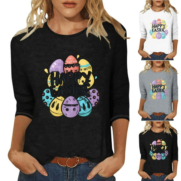 lcziwo Happy Easter T Shirt Women Plus Size 3/4 Length Sleeve Round Neck Pullover Tops Cute Colorful Eggs Print Graphic Tees 2025 Spring Shirts Flash Deals,Black,XL