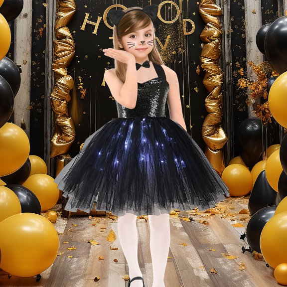 Kids Girls Halloween Costumes Princess Witch Tutus Dress Dancewear Shiny Sequins Dance Dress Toddler Birthday Party Outfit Black 6 years