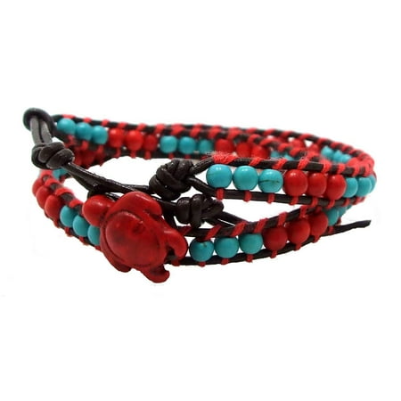 Double Wrap Around Bracelet - Timeless Ocean Sea Turtle Reconstructed Red Coral and Simulated Turquoise Double Leather Wrap Bracelet