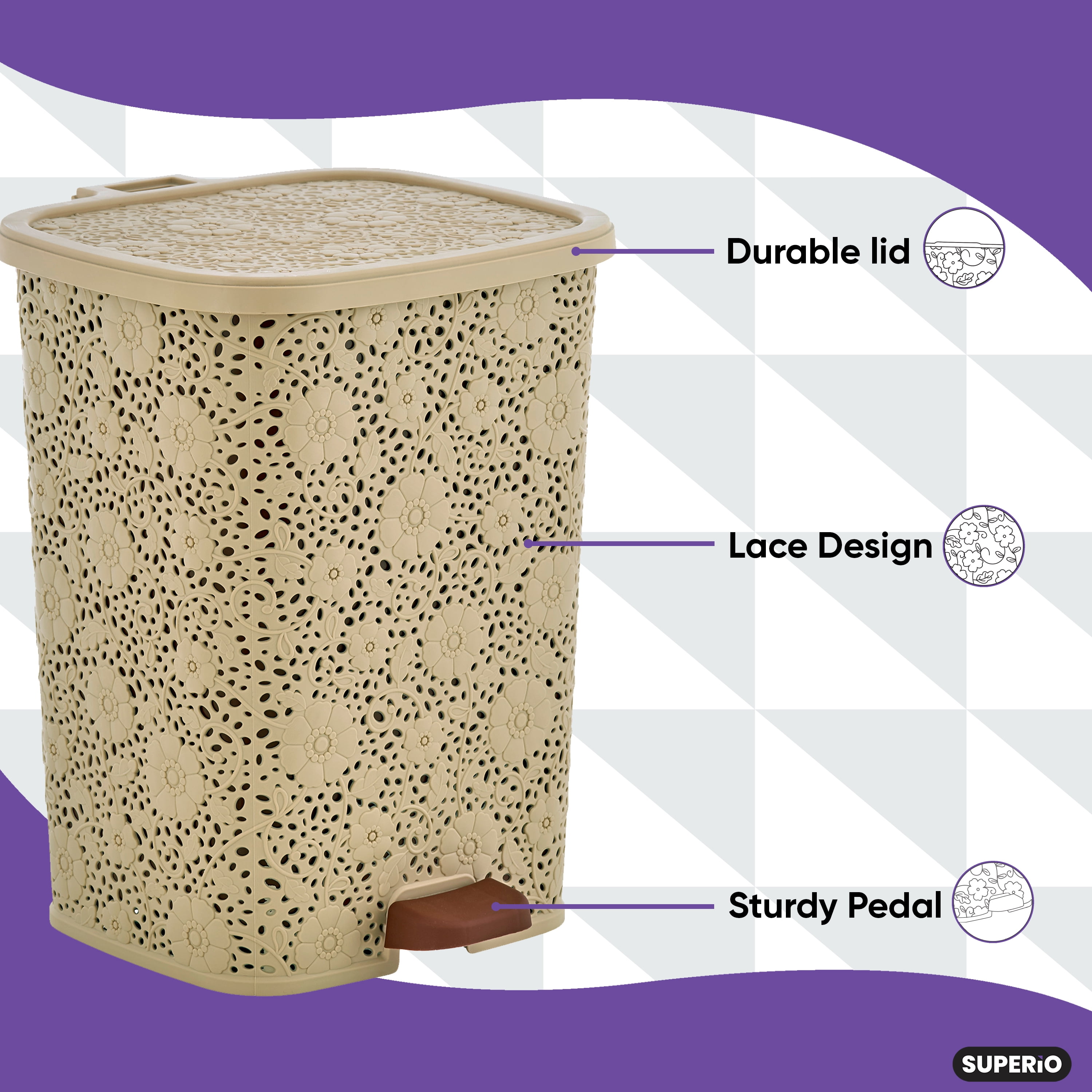 Superio Lace Style Step Trash Can 6 Quart, Beige Garbage Can, Keeps the Room Neat and Clean