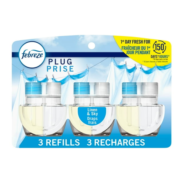 Febreze Plug In Air Freshener, Odor-Fighting Scented Oil Refill, Linen & Sky Scent, 3 Refills