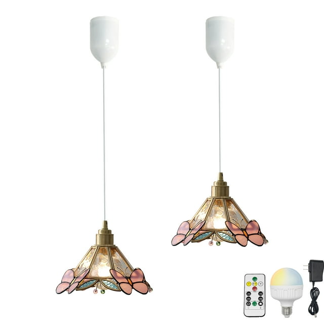 FSLIVING Rechargeable Battery Operated Pendant Light with Remote Pink Butterfly Glass Shade