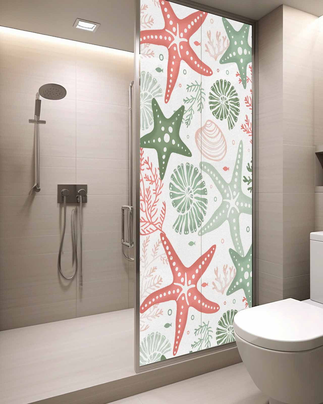 Window Privacy Film,Green Orange Coral Sun Blocking Window Tint Film Heat Control One Way Blackout Window Film,Spring Summer Coastal Starfish Beach Nautical Conch Non Adhesive Static Cling 29.5x78.7