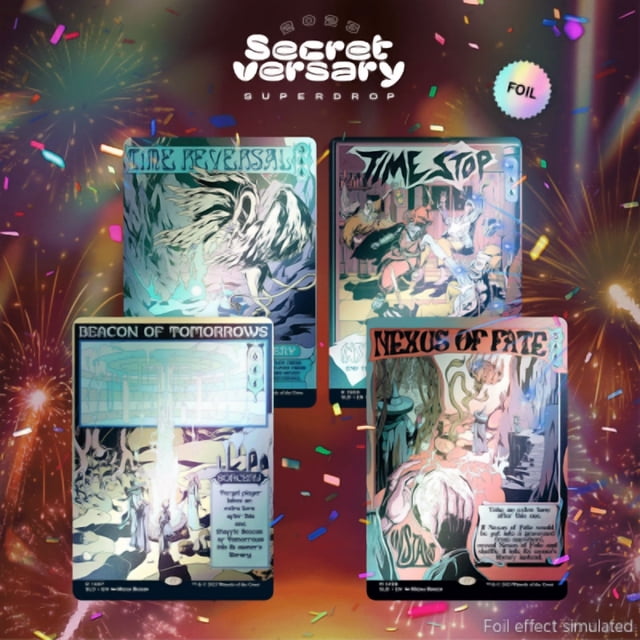 magic the gathering secret lair tales of the time stoppers foil edition (4 cards) Multicolor set of four foil Magic: The Gathering cartas shown front-facing on a confetti background; close view highlights vintage cómic–style illustrations by Micha Huigen and title banners reading Time Reversal, Time Stop, Beacon of Tomorrows and Nexus of Fate. Simulated foil sheen; aptas como piezas de colección o para jugar en mesa.
