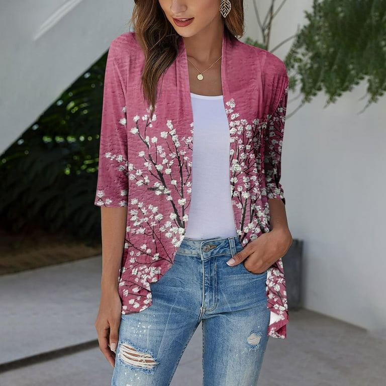 TQWQT Shrugs for Women Plus Size Open Front Cropped Shrug Lightweight 3 4 Sleeve Cardigan Sweater Hot Pink M Walmart
