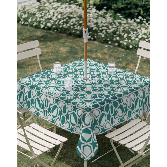 Outdoor Tablecloth with Umbrella Hole, Abstract Green Geometric Texture Zippered Table Cloth for Rectangle Tables, Vintage Ethnic Art Washable Waterproof Tablecloths for Picnic Patio Garden