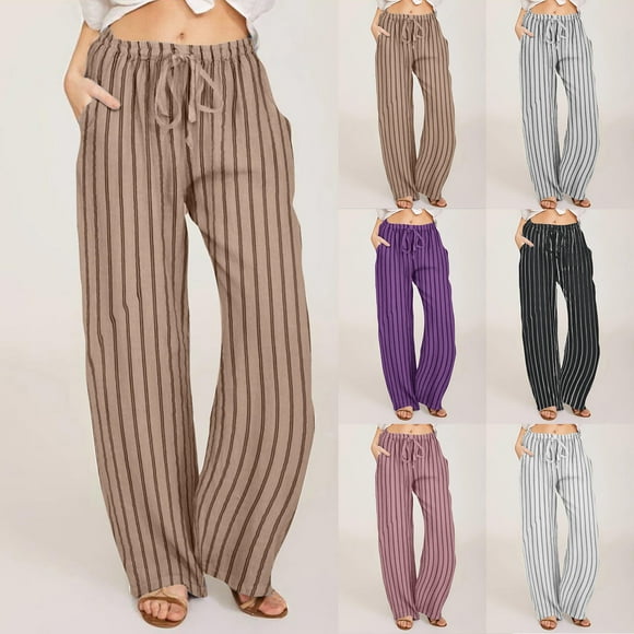 Sentmoon Petite Pants for Women Striped Print Drawstring High Waist Womens Clothes Plus Size Loose Fit Linen Wide Leg Streetwear Summer Womens Trouser Pants Hawaii for Everyday Casual Wear