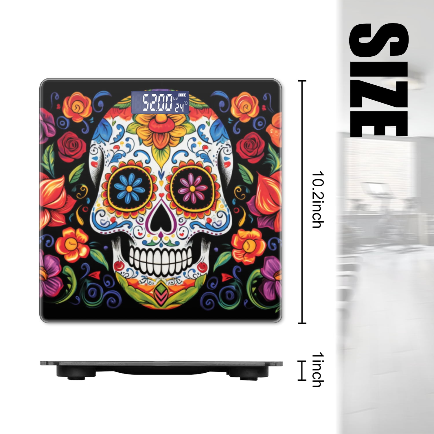 Digital Bathroom Scale with Large LCD Display,High Capacity Scale 400 lbs High Precision body fat scale-Illustration Of Skull With Colorful Floral Design