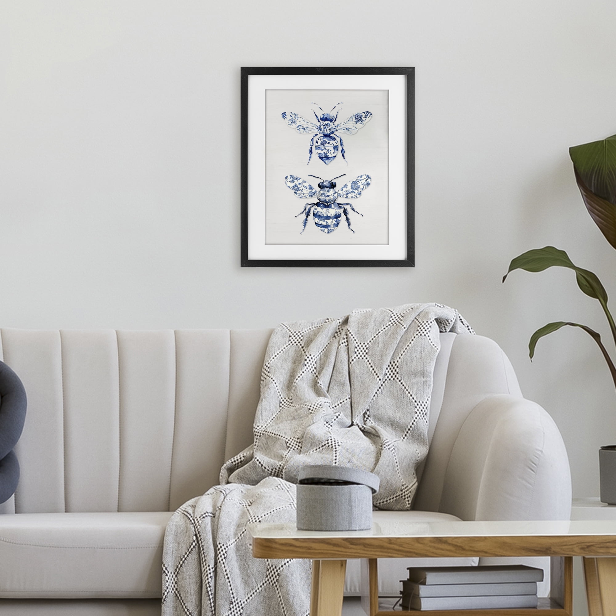 Toile Patterned Bees Black Framed Print Under Glass, design by Lettered and Lined