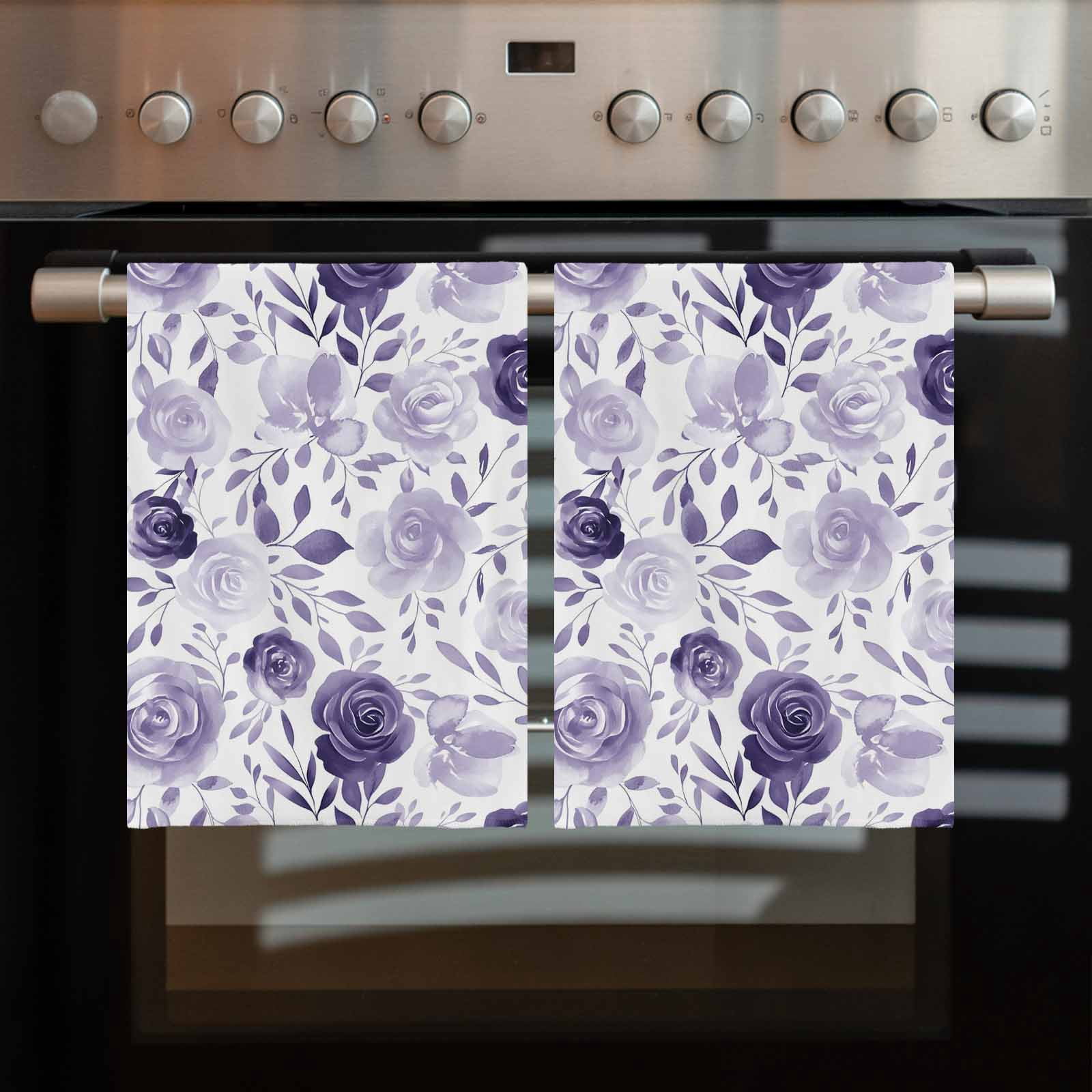 Purple Flowers Kitchen Towels Set of 3, Water Absorbent Dish Towel, Watercolor Farmhouse Botanical Floral Leaf Decorative Hand Towels - Quick Drying Cloth for Cooking Baking, 18x28 Inch