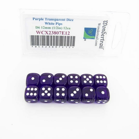 Purple Translucent Dice with White Pips D6 12mm (1/2in) Pack of 12 Wondertrail