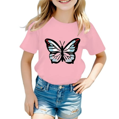 Tfken Girls Tshirts For Summer Butterfly Print Crew Neck Short Sleeve Tops Fashion Casual Teen Comfortable Shirts Pink Size 9-10 Years