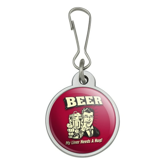 Beer My Liver Needs a Hug Funny Humor Retro Jacket Handbag Purse Luggage Backpack Zipper Pull Charm