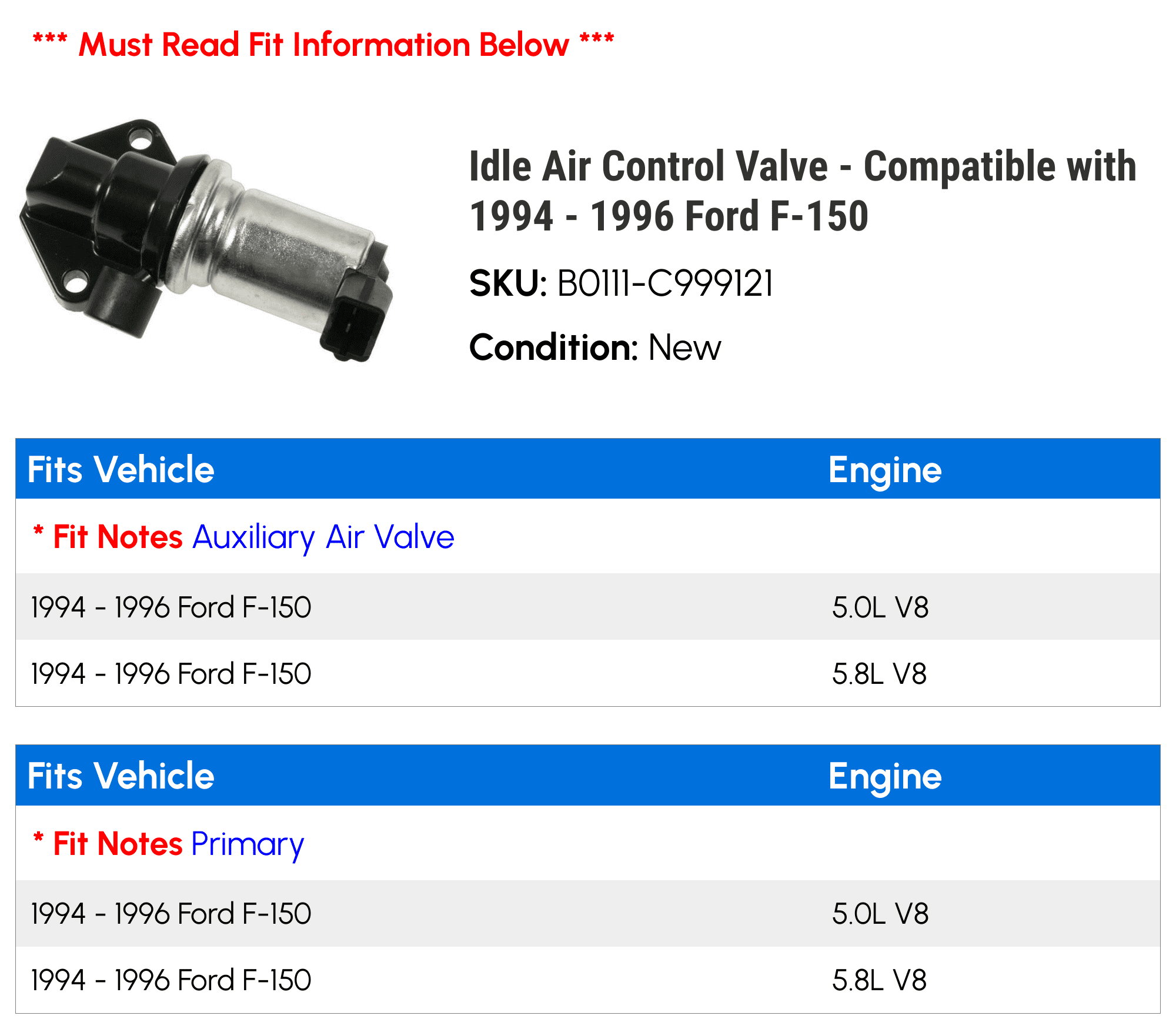 Idle Air Control Valve - Compatible with 1994 - 1996 Ford F-150 1995