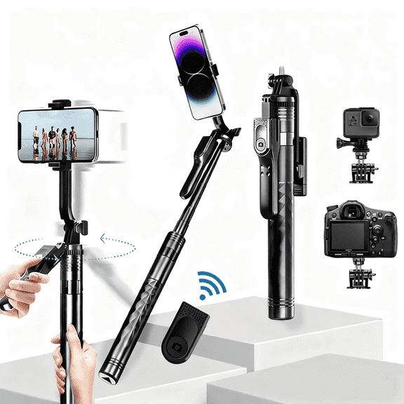 ME 68.9" Selfie Stick Tripod, 360° Rotation Travel Selfie Stick with 2 Fill Lights, Remote Control and 1/4” Screw, Aluminum Phone Tripod Holder for Selfie, Recording, Vlogging (Black)