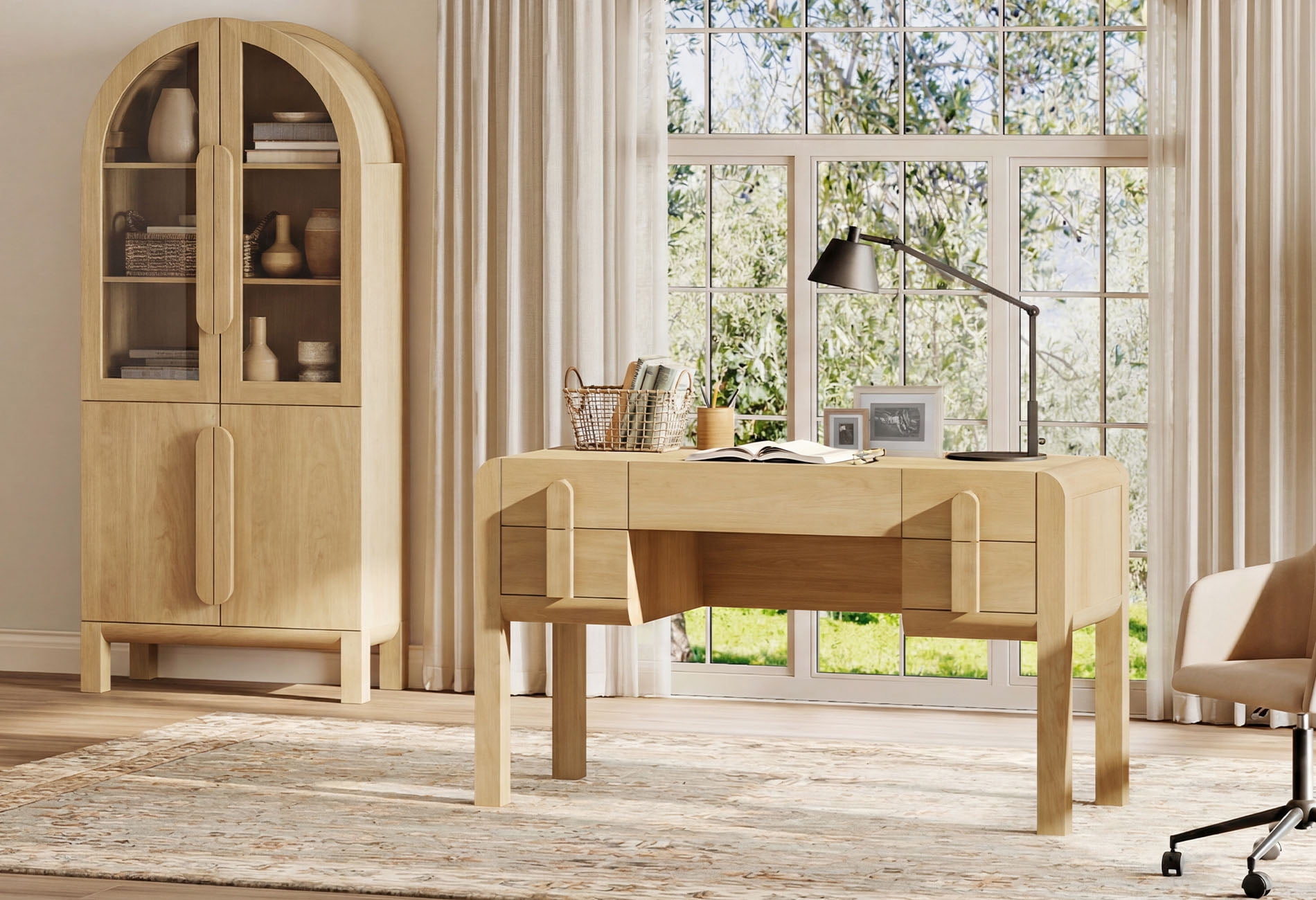 2 Piece Office Set, 53.5" Modern Executive Desk with Charging Station and Drawers & 71"H Tall 5-Tier Arched Bookcases with Glass Door for Living Room, Bedroom, Home Office
