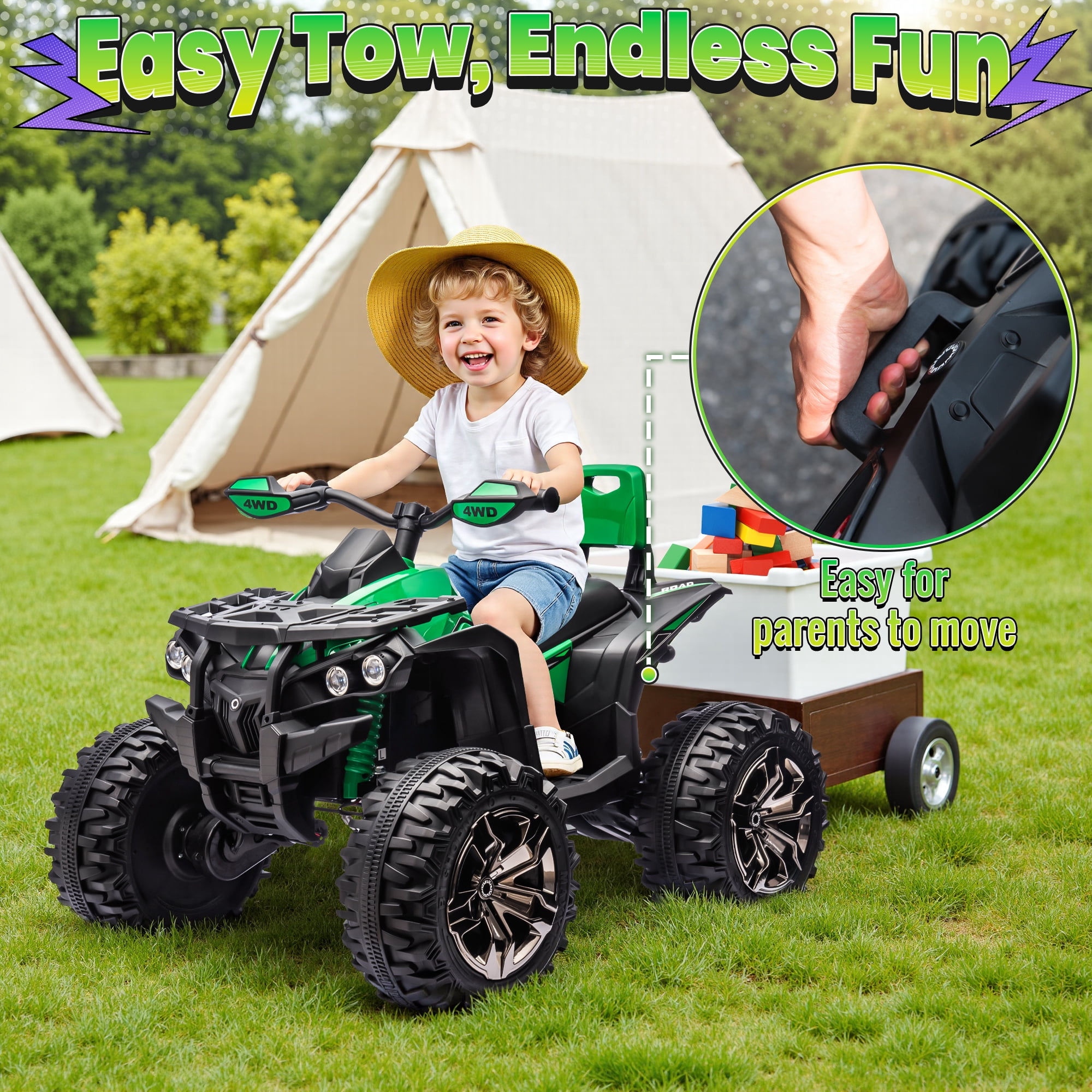 4WD 24 Volt Ride on Toys with Remote, Joyracer 4 Wheeler for Kids, Power Car Wheels, Toy Gift with Bluetooth Music, Horn, LED for Big Kids, Green