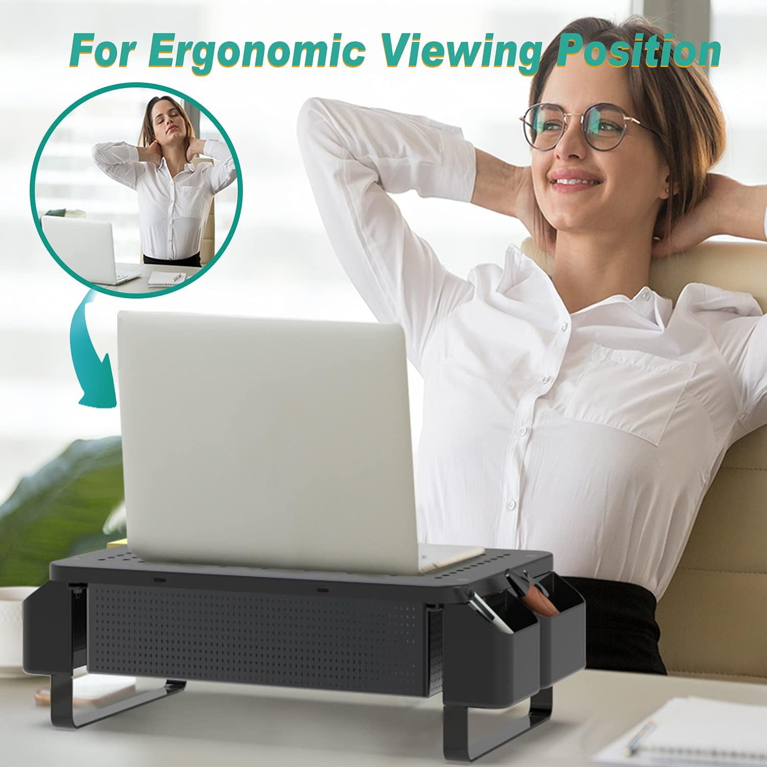 LUFF Monitor Stand Riser with Pullout Storage, Desk Organizer with Ventilation Drawer, Desktop Computer Stand with Pen Holder for Laptop, Computer, iMac, Black