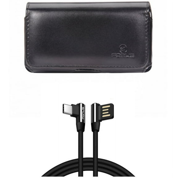 Charger Cord 10ft Type-C Angle USB Cable w Swivel Leather Case Belt Clip D1L for Acer Liquid Jade Primo - ASUS ROG Phone, ZenFone 4 Pro - Blackberry Motion - BLU Vivo XI Plus