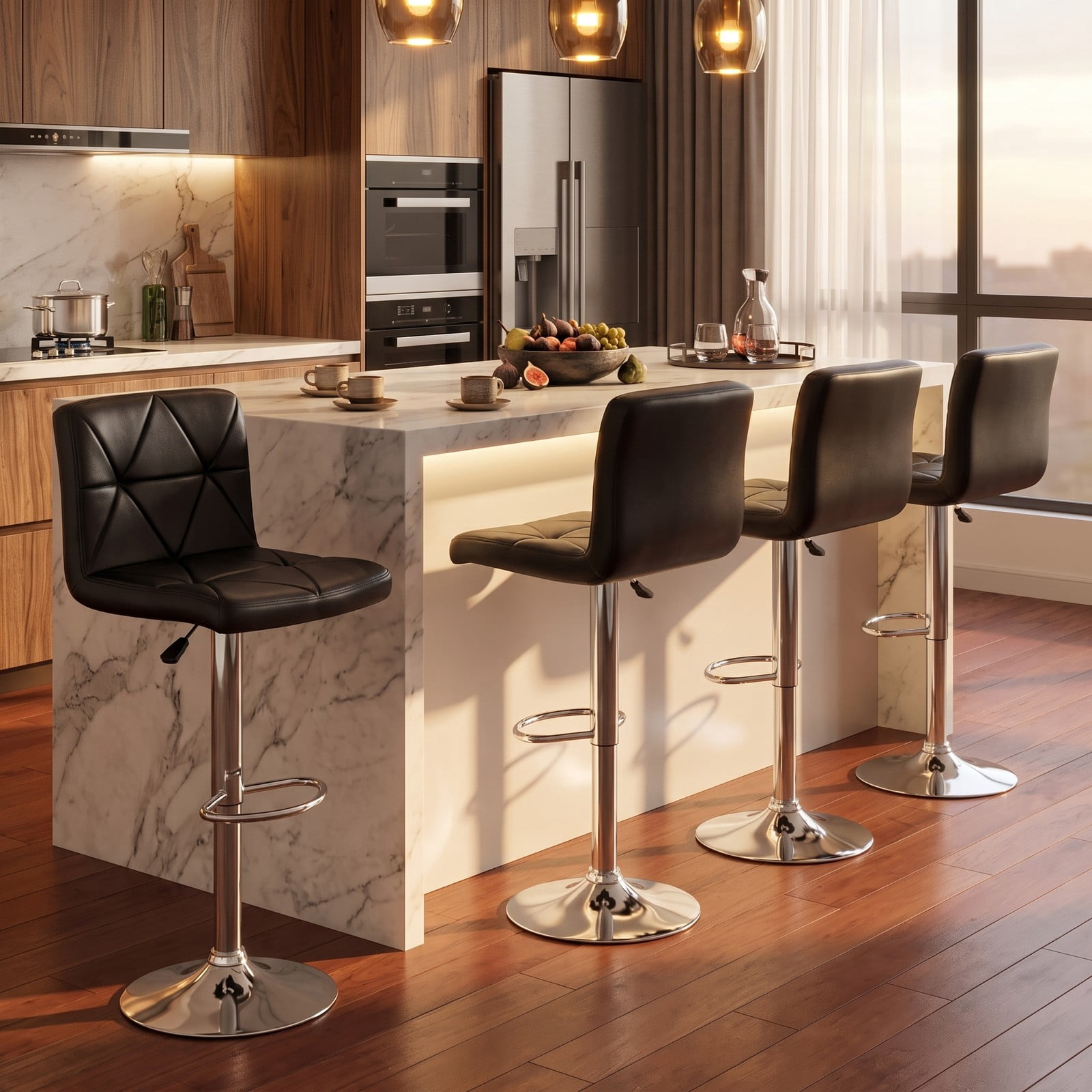 Furnibear Adjustable Swivel Bar Stools Set of 2 with Backrest and Footrest, 360 Degree Swivel Counter Height Barstools, Faux Leather Padded Seat Metal Bar, Black