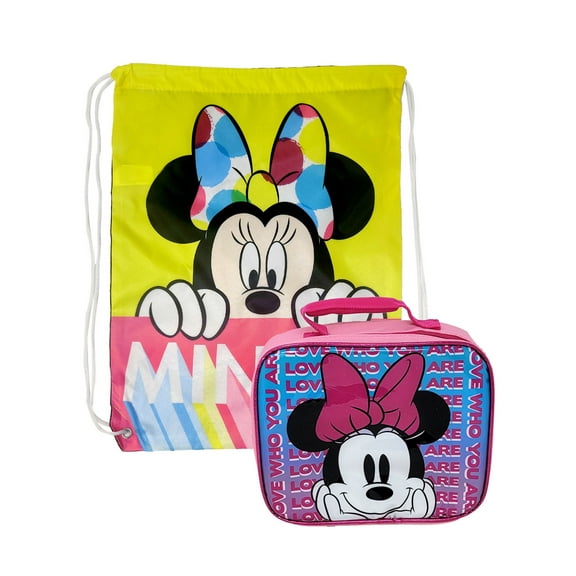 Minnie Mouse Insulated Lunch Bag Pink w/ Yellow Disney Drawstring Sling Bag Set