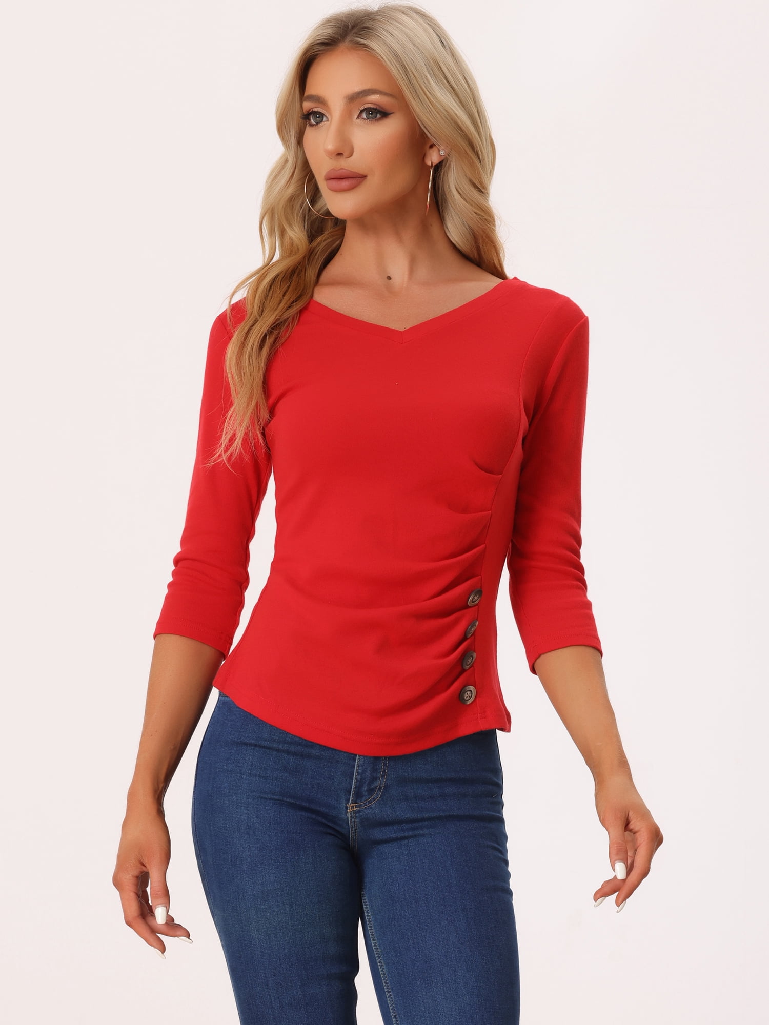 DARING DIVA V Neck Knitted Buttons Decor Ruched Blouse Top 2XL Red