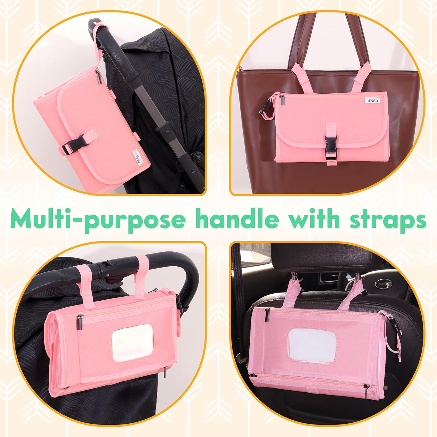 Kopi Baby Portable Diaper Changing Pad Travel Bag with Built-In Pillow, Reversible Wipes Pocket, Foldable Changing Mat, Pink, Premium