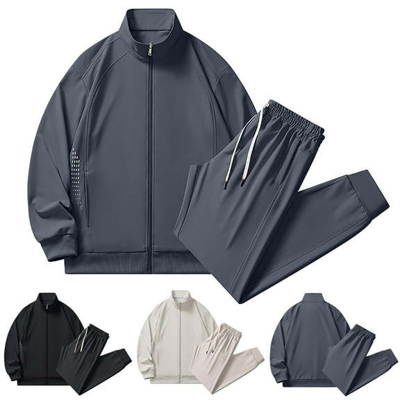 FRSASU Mens 2 Piece Set Casual Outfits Long Sleeve Stand up Collar Shirt & Pants with Zipper Pocket Track Suit Loungewear Sweatsuit Gray