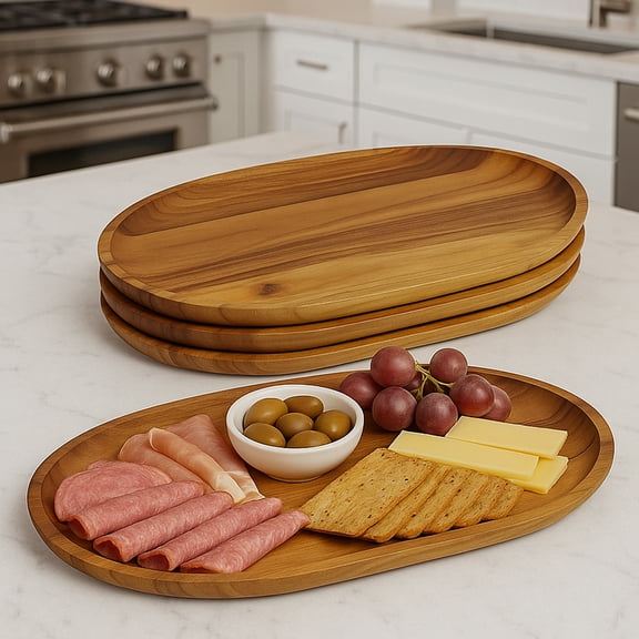 Woodard & Charles Acaica Wood Large Oval Serving Tray, Set of 4, 10" W x 15" L