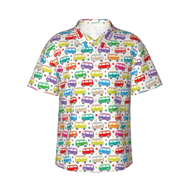 Balery Colorful Bus Camisas hawaianas de manga corta para hombre, camisas playeras de corte holgado, camisas de vacaciones con botones,Small