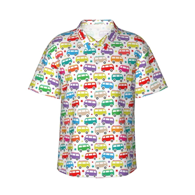 Fotbe Colorful Bus Camisa Hawaiana para Hombre Unisex – Camisa Casual de Verano con Botones de Manga Corta de Algodón y Lino,Large