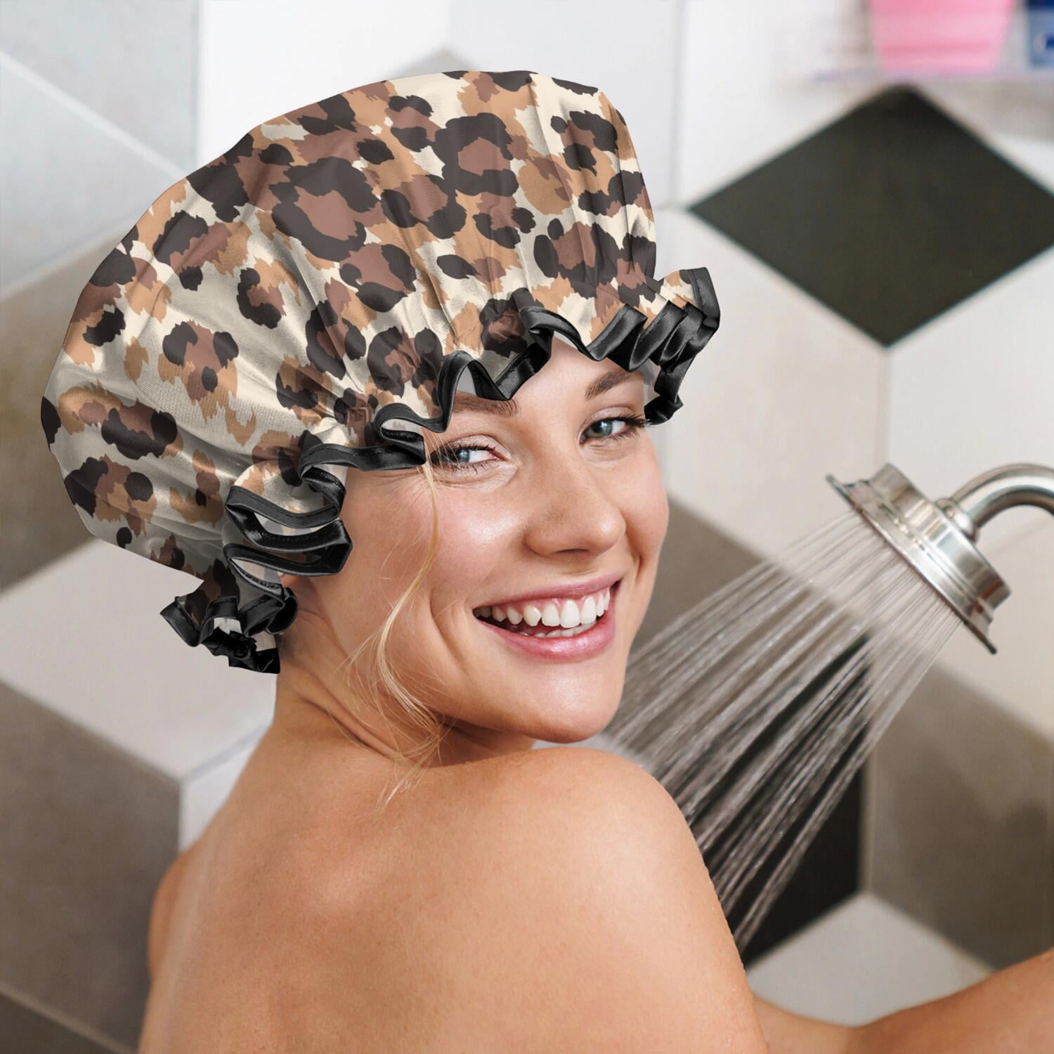 Shower Caps,Beige and Brown Leopard Pattern Waterproof Shower Cap for Women 4 Pieces,Double Reusable Hair Cover for Shower PEVA Elastic Stretch Hem
