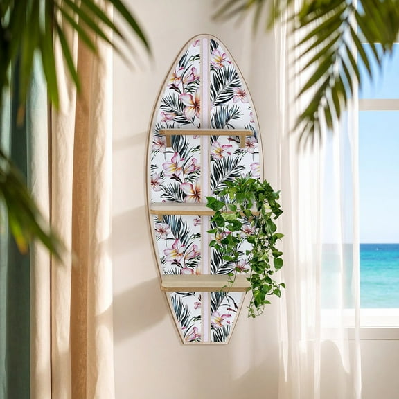 American Art Decor Tropical Flowers & Palms Surfboard Wall Shelf | Floral Beach Decor with Plumeria & Palm Leaves | Coastal Shelf for Bedroom, Living Room, Gallery, Office, or Meditation Space